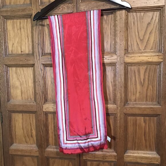 Vintage Oscar De La Renta Signed Silk Scarf for Accessory St. Red Striped Border - Picture 2 of 8